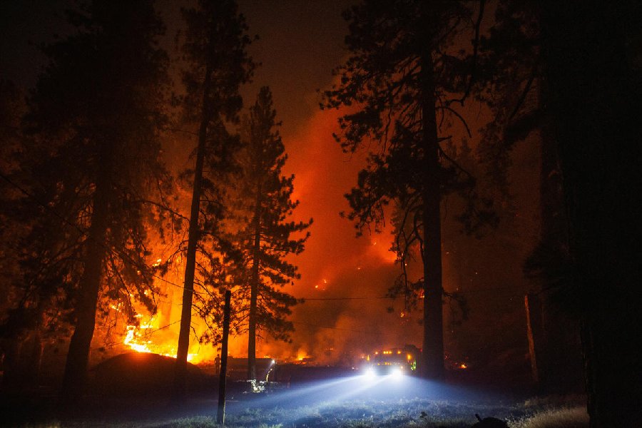 The Bridge Fire burns the mountain communities to the northeast of Los Angeles, in Wrightwood, California, U.S.