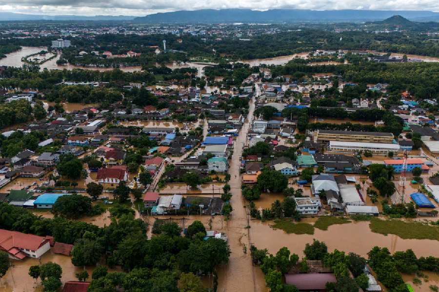 A drone view shows a flooded area following the impact of Typhoon Yagi, in the northern province of Chiang Rai, Thailand, September 12, 2024.