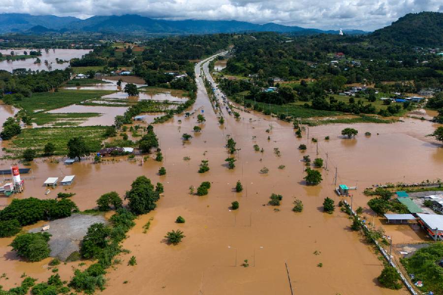 A drone view shows a flooded area, following the impact of Typhoon Yagi, in the northern province of Chiang Rai, Thailand, September 12, 2024.