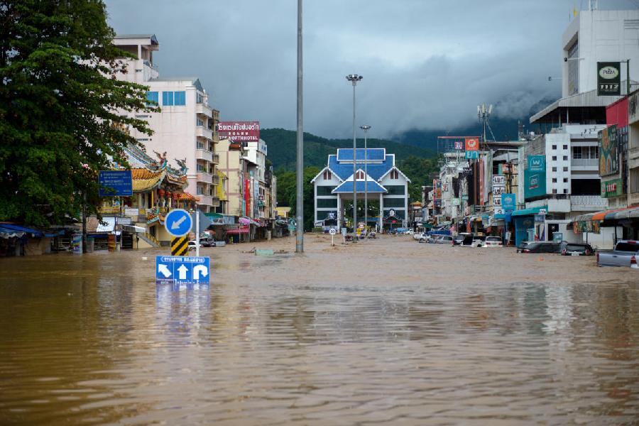 A general view of a flooded street at the border town of Mae Sai, following the impact of Typhoon Yagi, in the northern province of Chiang Rai, Thailand.