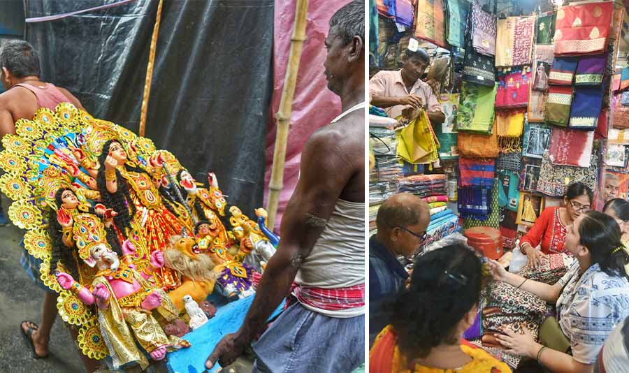 Porters in Kumartuli take a ready Durga idol to be packed in containers before being shipped abroad and (right) puja shopping picks up at sari shops in Burrabazar. This year, the puja will be held from October 9 to 12 