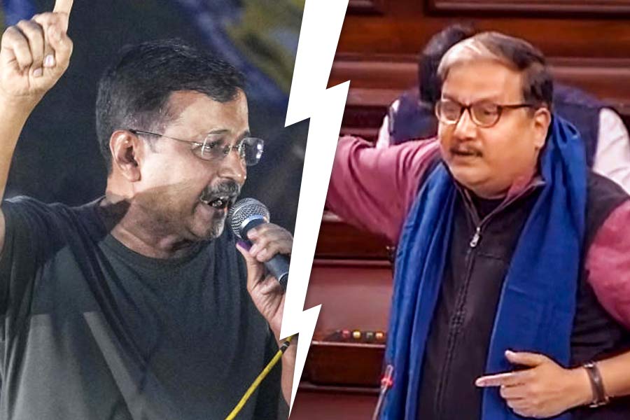 Arvind Kejriwal (left), Manoj Kumar Jha (right)