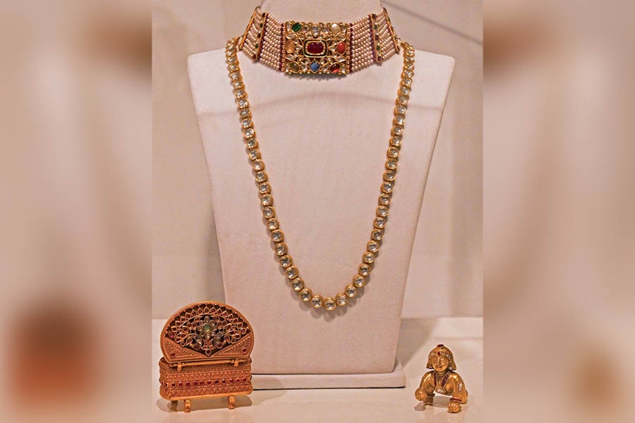 Jewel-encrusted pieces designed by Kundan Lal Verma for Mireya Jewels, including a jewellery box (left)