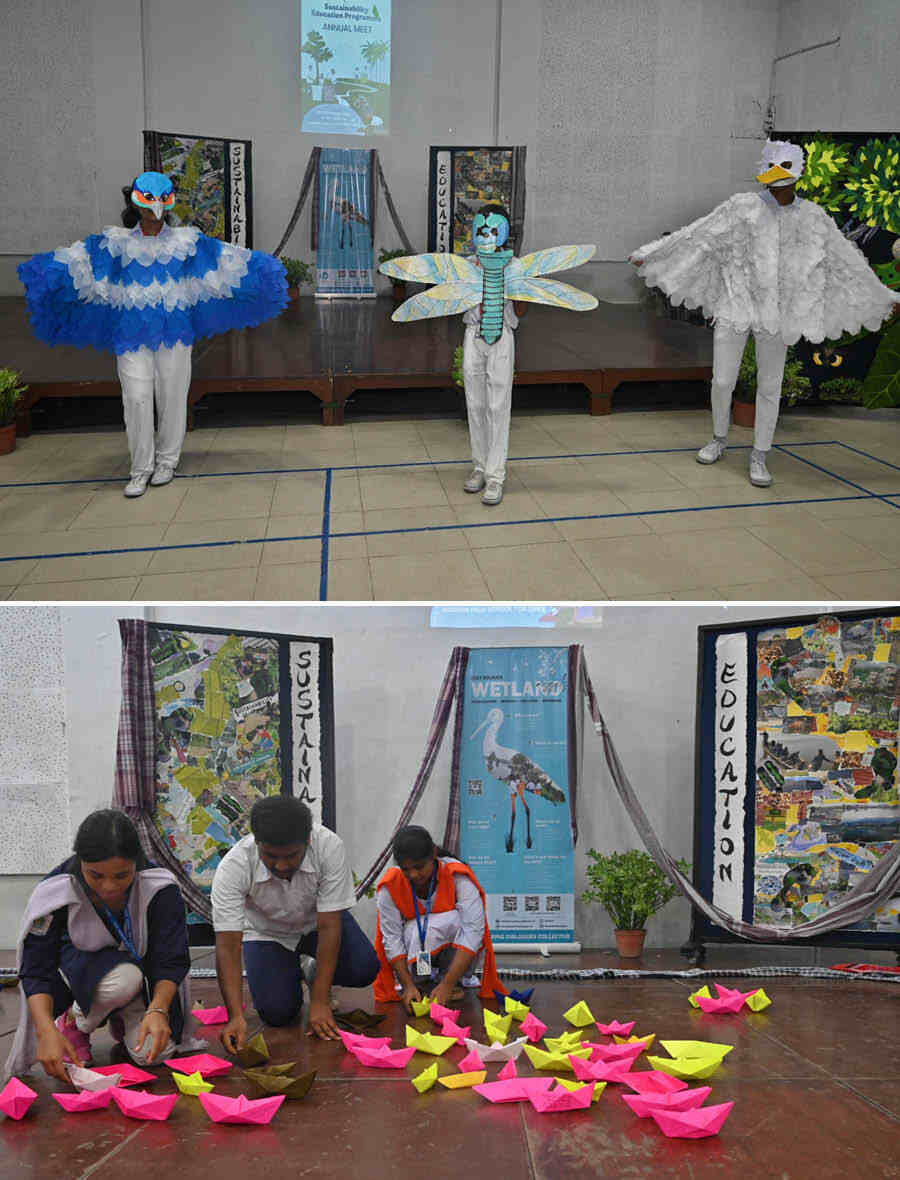 The event had various activities that provided experiential learning on sustainability  to students, from (above) making paper boats for a wetlands simulation, (top) to an enactment of various wetland species by students from Dakshini Prayash