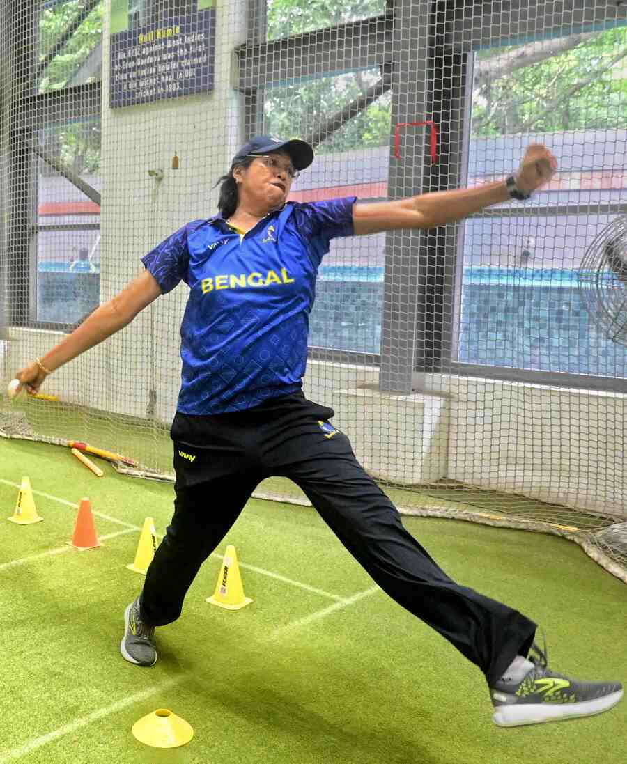 Former cricketer Jhulan Goswami practises at Eden Gardens on Friday