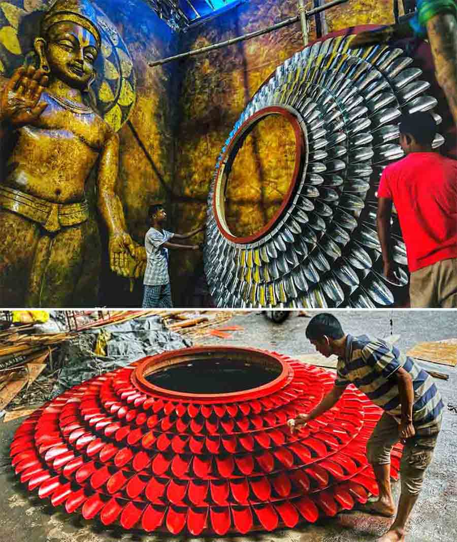 The decorations at the Mudiali Club Durga Puja pandal are on in full swing  