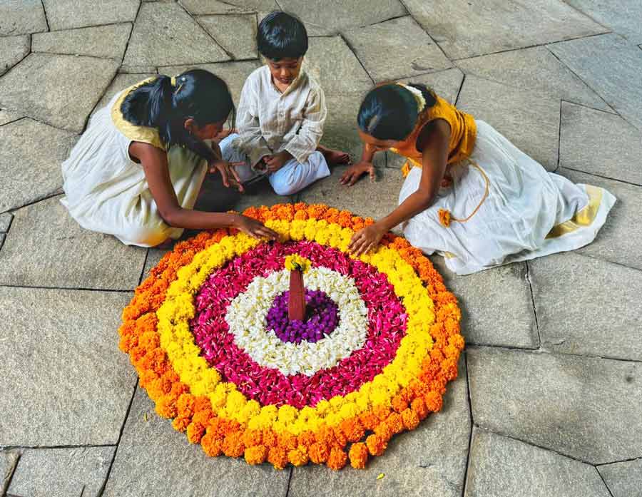 A Pookalam is usually made at the entrance of the house and is a traditional floor decoration made from flowers, leaves and other natural elements