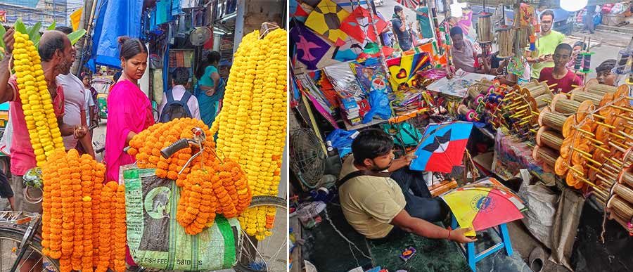 Marigold garlands commanded a higher price than usual on the eve of Vishwakarma Puja and (right) kites of myriad colours, shapes and sizes witnessed brisk sales in a north Kolkata shop