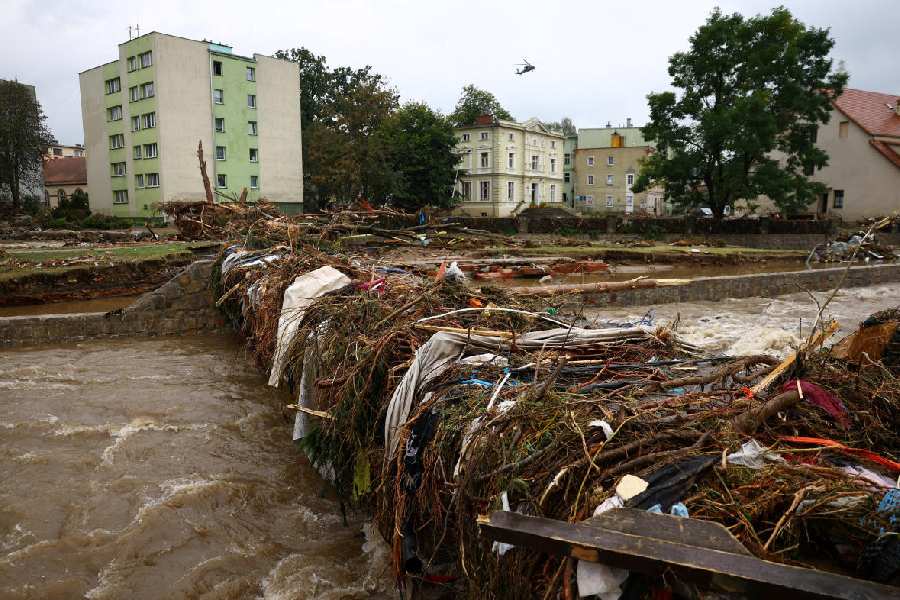 A view of a destroyed bridge by the Biala Ladecka River in the aftermath of flooding in Ladek Zdroj, Poland.