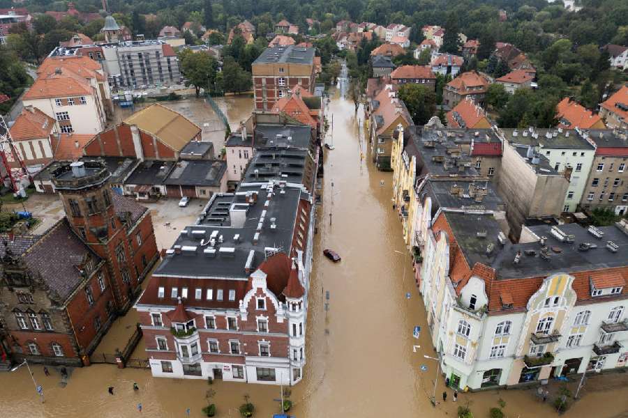 General view taken by drone of a flooded area by Nysa Klodzka river in Nysa, Poland.