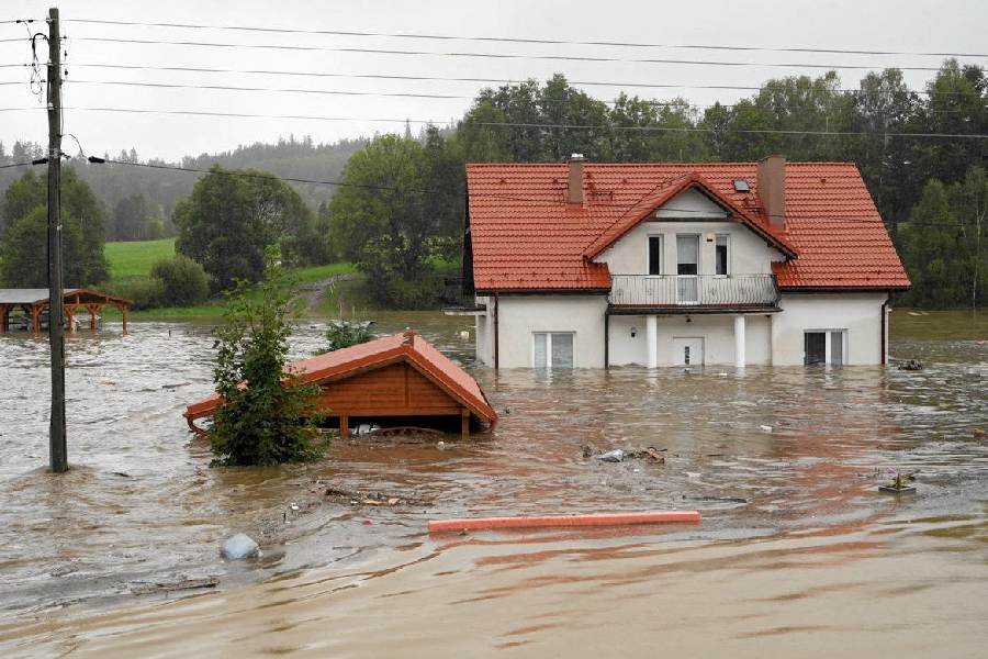 View of a flooded house as the river Biala Ladecka overflows into Ladek-Zdroj, Klodzko county, Poland.