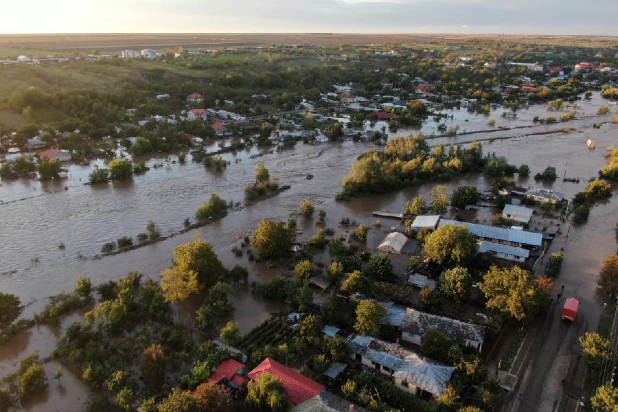 A drone view shows a flooded area, after heavy rain triggered flooding in Slobozia Conachi, Galati country, Romania.