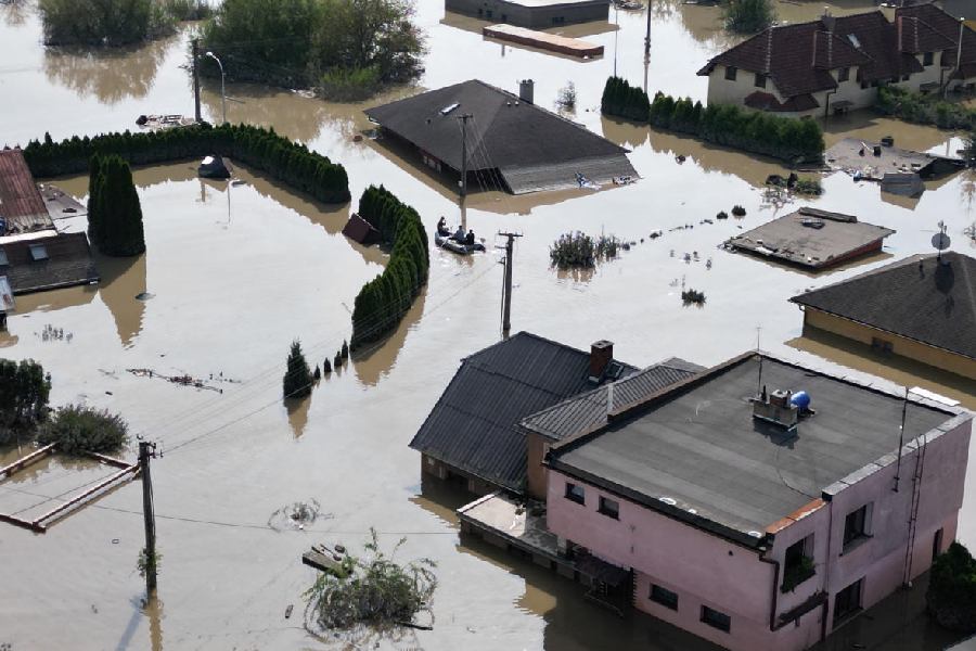 A drone view shows the flood-affected area following heavy rainfall in Ostrava, Czech Republic, September 17, 2024.