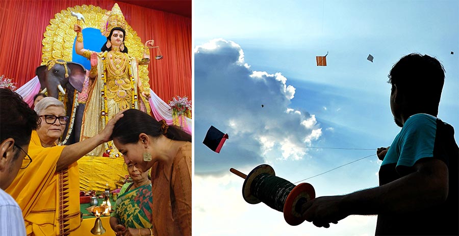 Devotees attended the Vishwakarma Puja ‘arati’ at Lake Kalibari on Tuesday (left), while colourful kites adorned the autumn sky 
