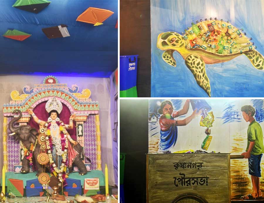 The motor vehicles department of Krishnanagar Municipality based its Vishwakarma Puja pandal on the theme of environmental awareness, plastic elimination and garbage-free environment 