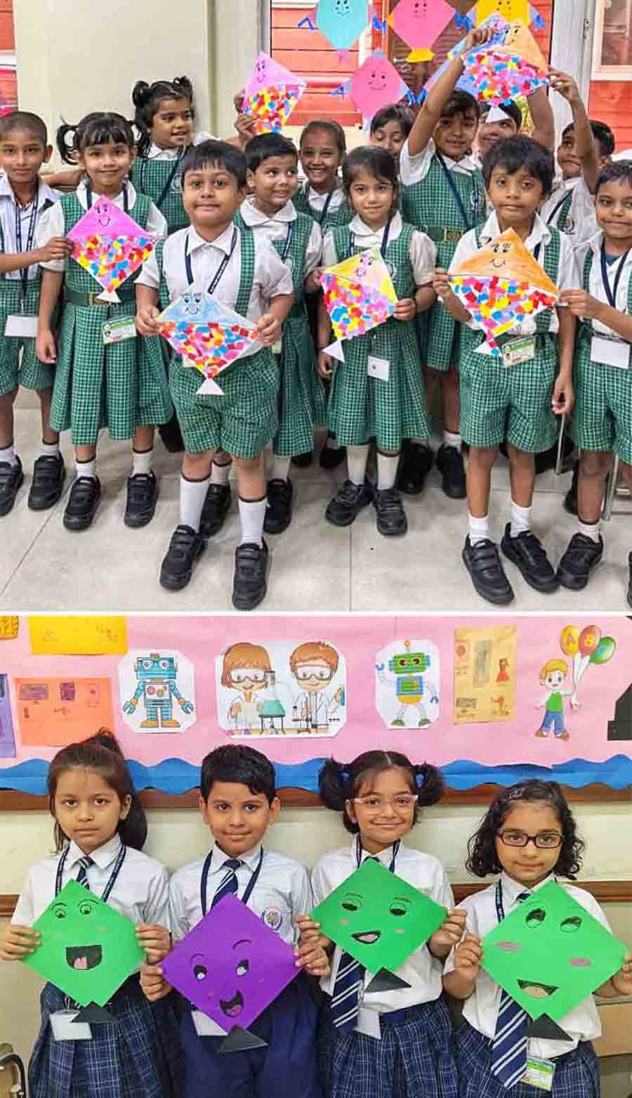 Tiny tots of the pre-primary section of Ruby Park Public School made colourful kites using different methods like flower printing, paper tearing and pasting on the occasion of Vishwakarma Puja on September 17 