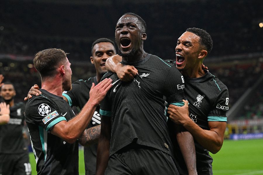 Ibrahima Konate celebrates after scoring Liverpool's opening goal against AC Milan.