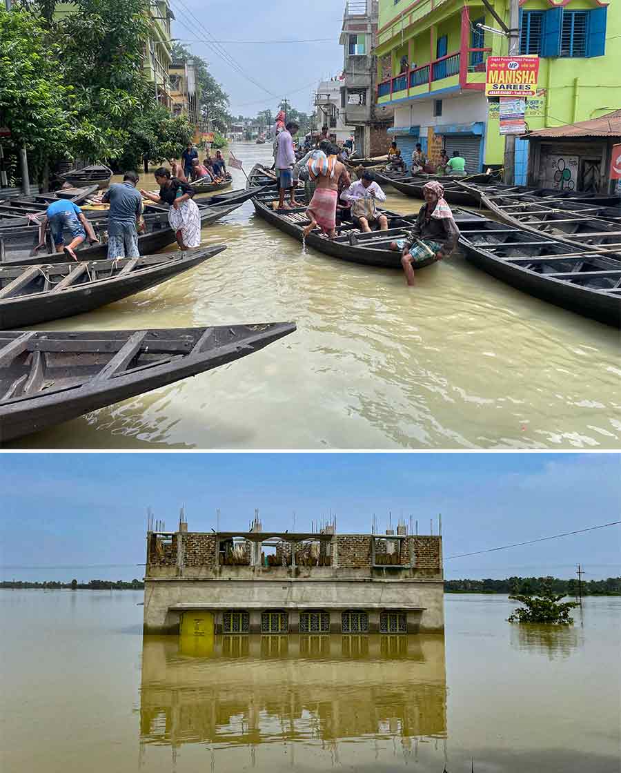 Submerged beneath the rising waters, streets and homes have become part of the flood in Ghatal (West Midnapore district). Most buildings now lie below water, with only rooftops visible in some places. In response, the public works department has organised free boat services, offering a lifeline to residents as they relocate and navigate through the devastation