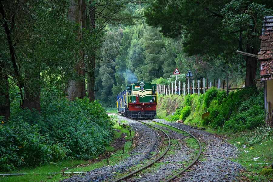 A Nilgiri Mountain Railway train approaches Ooty