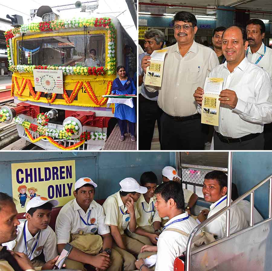 (Clockwise from top left) Railway signalling staff take a selfie on Saturday with a special EMU that ran from Kolkata station to Prinsep Ghat station to commemorate 40 years of passenger operations on Circular Railway; divisional railway manager, Eastern Railway, Sealdah, Deepk Nigam (right) holds a special ticket on the occasion and school students take a joyride on the special train