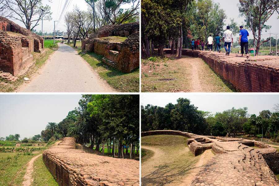 Mahasthan Garh citadel complete with walls, bastions and gate. (Clockwise from top left) Dorab Shah Toran, tourists walk along the citadel wall, bastions and walls of the citadel and citadel wall