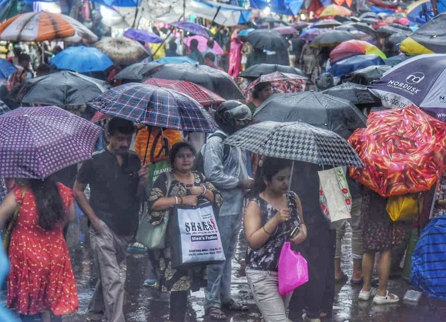 A sea of umbrellas at New Market, where pre-Puja shoppers seemed determined to brave the daylong showers  