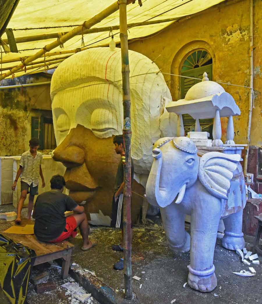 Artists at Dompara working relentlessly to finish props for Durga Puja pandals as Mahalaya is less than a week away  