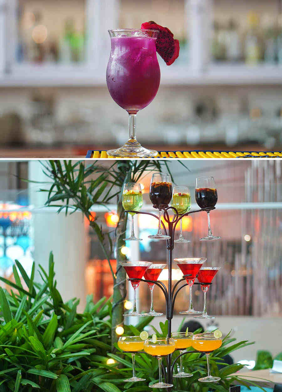 Hoppipola plays tribute to Kolkata’s iconic cricket ground with (top) a purple drink called Eden Gardens made with blue tea infused gin and dragon fruit (Rs 425). We also tried Pushpa, a Scotch whisky cocktail made flavoured with Schezwan pepper corn shrubs and served with a cloud of apple wood smoke — the drink comes with the tagline ‘flower nahi fire hain’ (Rs 375). An intriguing arrangement of drinks known as a (below) Cocktail Tree comes with two red wine sangrias, two white wine sangrias, four cosmopolitans and four daiquiris, making it the perfect order for an evening out or brunch with a group of cocktail loving friends (comes at Rs 2,295)
