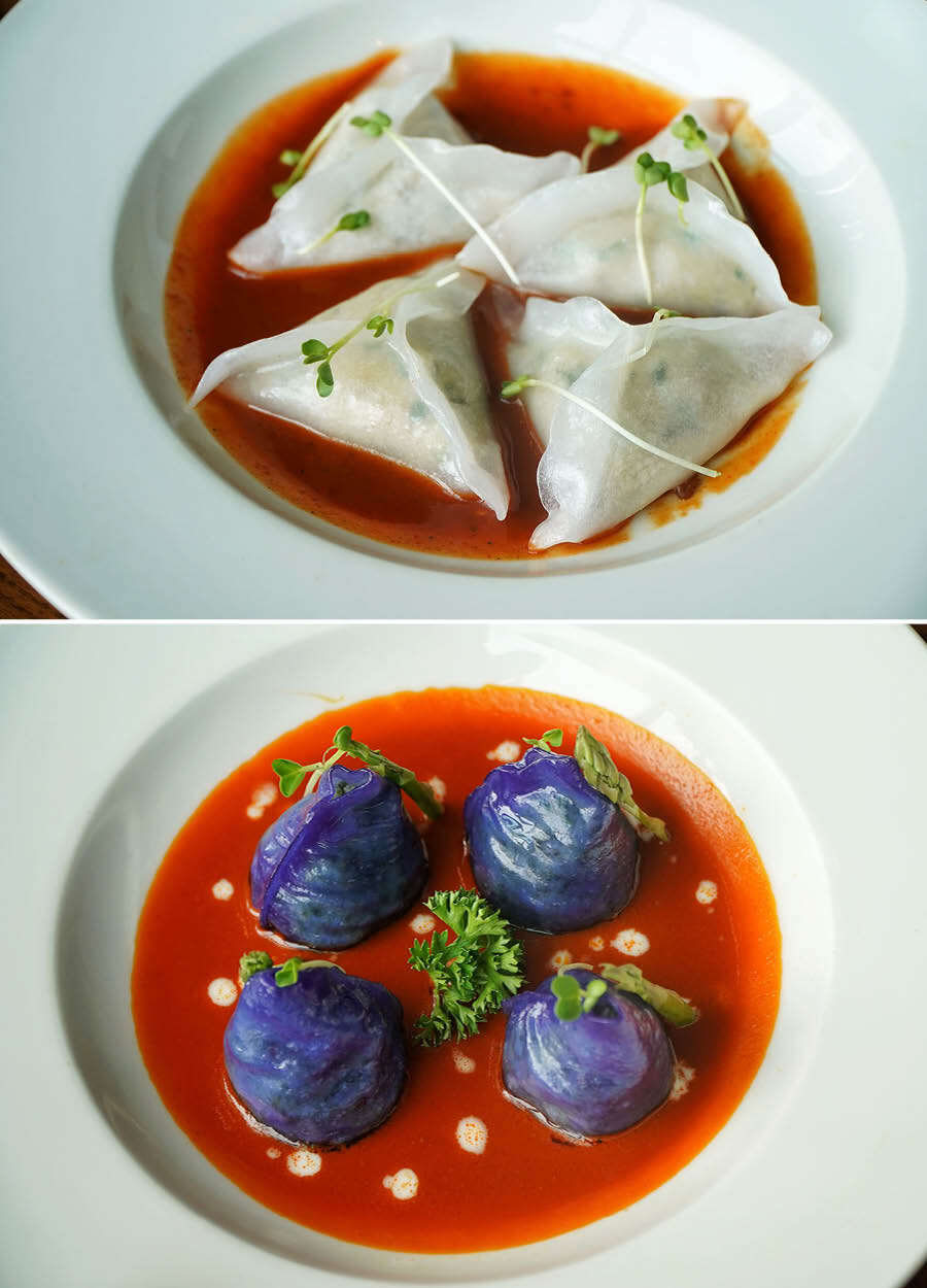 The (top) Sriracha Chicken Dumpling is another must-try item on the menu with these four generously stuffed chicken dumplings served on a bed of sriracha sauce. The (bottom) Blue Pea and Spicy Dumpling was another solid item from the new menu. These pretty blue dumplings with a vegetable filling were served on some soulful Thai red curry sauce 