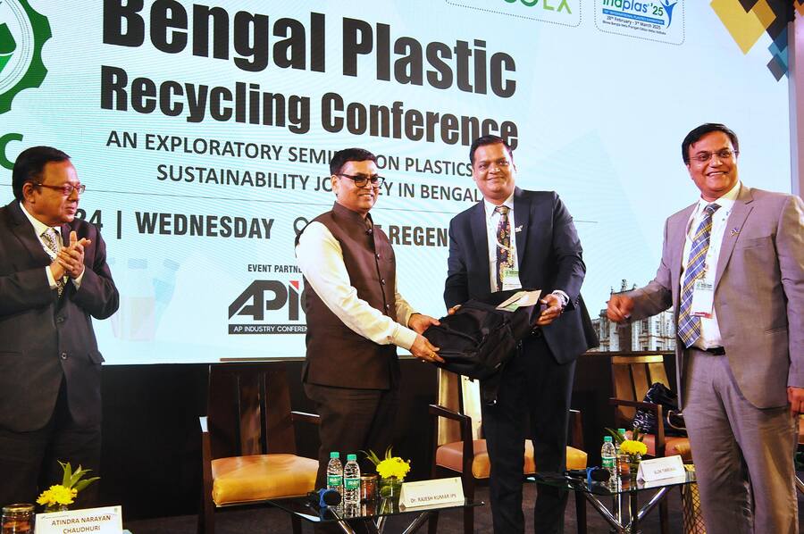 The Indian Plastics Federation (IPF), in association with the West Bengal Pollution Control Board, organised the Bengal Plastic Recycling Conference at the Hyatt Regency on September 25. The conference provided a platform for industry leaders and experts from the raw materials and plastics recycling sectors to deliberate on the future of plastics recycling and sustainability in Bengal alongside looking at innovative ways to address plastic waste management. The event was inaugurated by Rajesh Kumar (second from left), IPS, principal secretary, department of environment, West Bengal, and member secretary, West Bengal Pollution Control Board