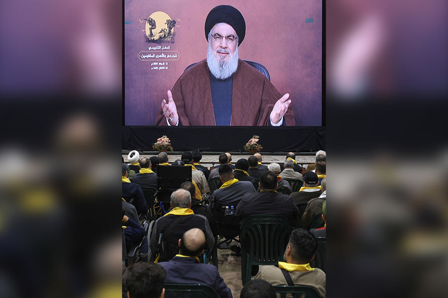 Lebanon's Hezbollah leader Nasrallah addresses his supporters through a screen during a rally in Beirut, Lebanon on February 13, 2024. 