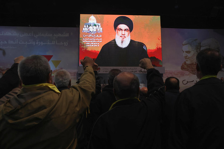 Lebanon's Hezbollah leader Nasrallah addresses his supporters through a screen during a ceremony to mark the fourth anniversary of the killing of senior Iranian military commander General Qassem Soleimani in a U.S. attack, in Beirut, Lebanon on January 3, 2024.