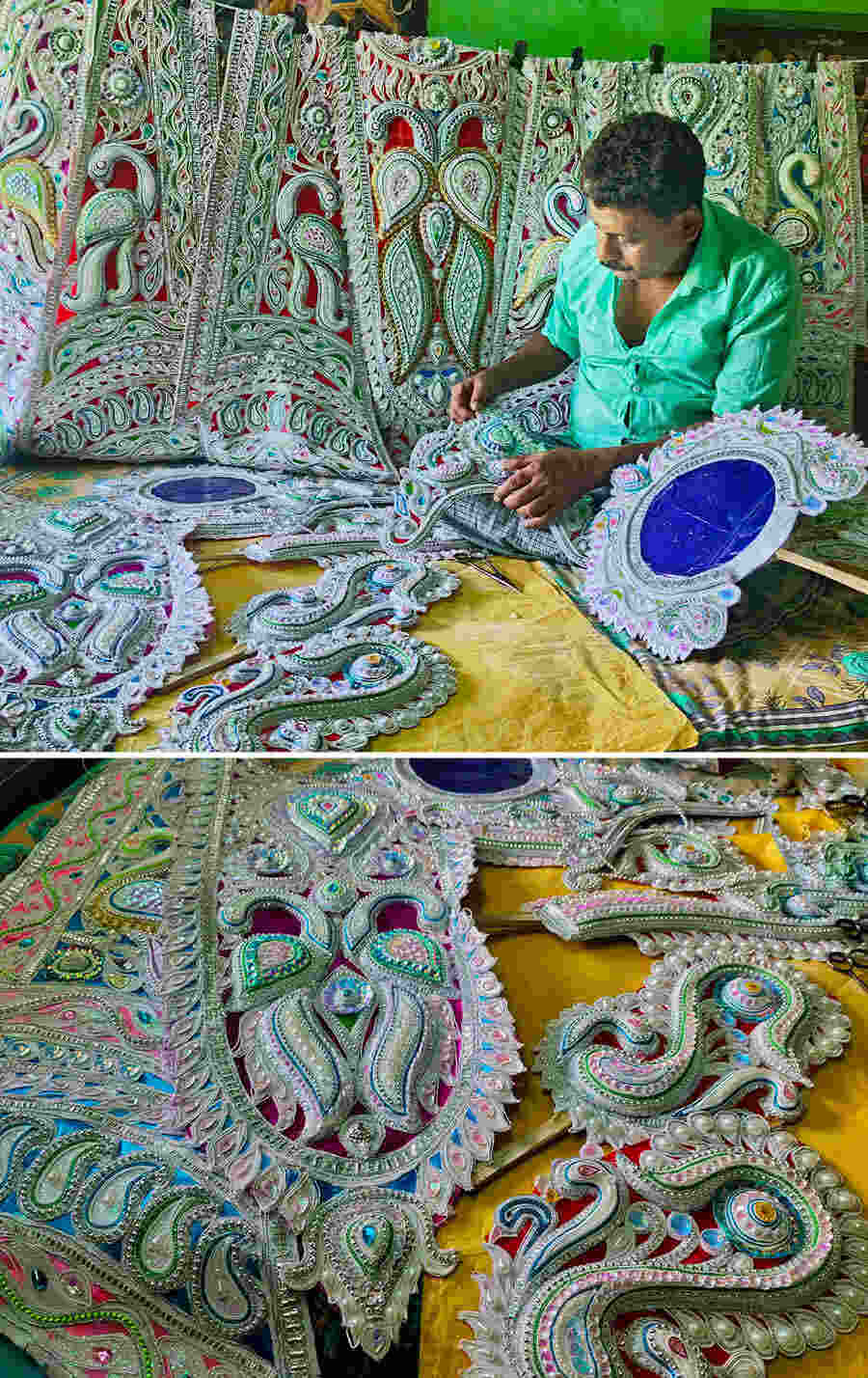 Costume artist Karthik Sarkar of Krishnanagar crafts jewellery from pith, sequins and other colourful embellishments for Durga and her children. ‘This year, the goddess of a ‘baroari’ puja in Howrah will dress up in this finery.’ Krishnanagar is renowned for its arts and besides pottery, commands considerable reputation for artificial jewellery-making. The produce from this industry which spreads across Nadia district is sent to different places across West Bengal