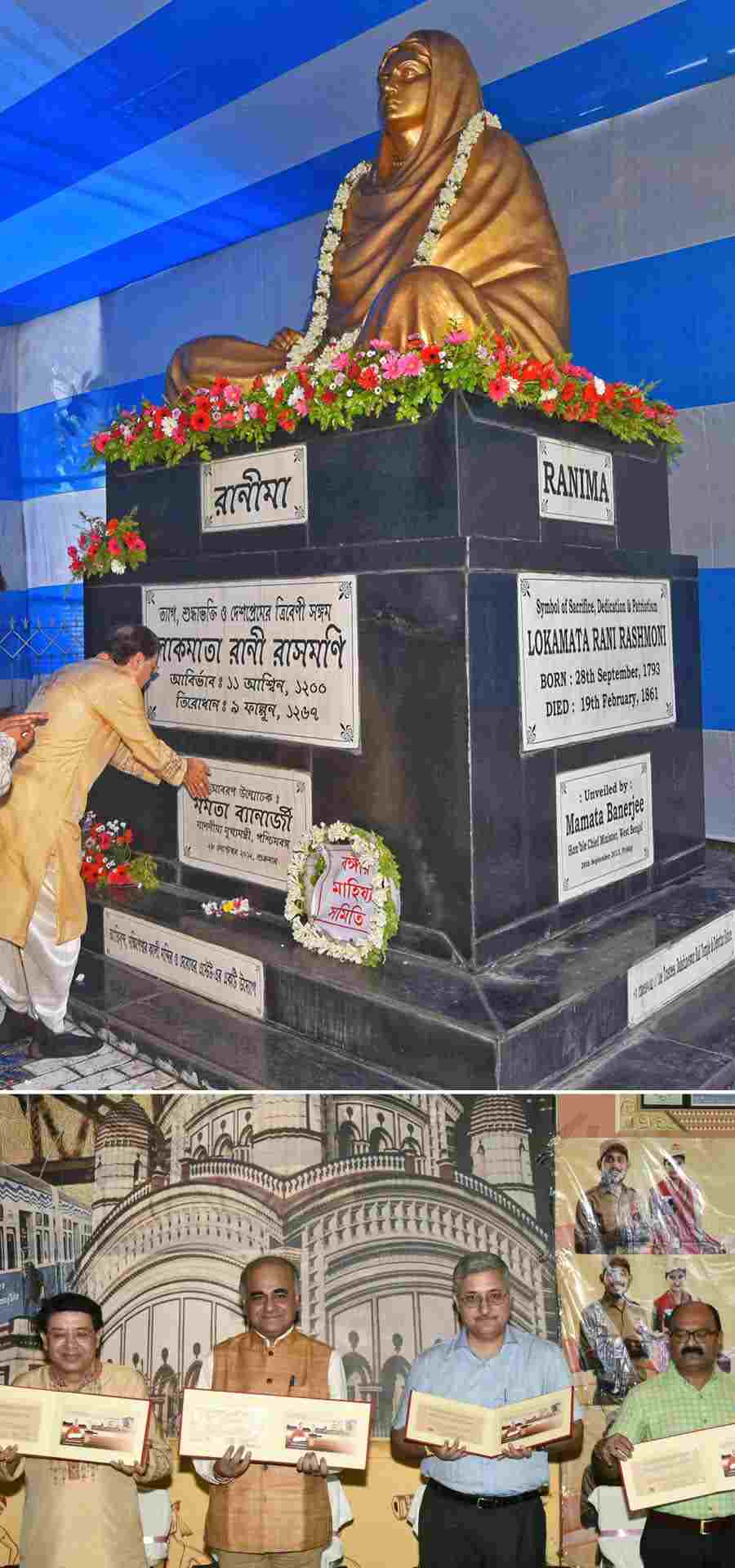 (Top) DD Estate trustee and secretary Kusal Chowdhury offers floral tributes at the pedestal of Rani Rashmoni’s statue on her 232nd birth anniversary at Curzon Park on September 28, Saturday, and (from left to right) Kusal Chowdhury, West Bengal circle chief postmaster general Niraj Kumar, Probal Roy Chowdhury, a professor of Sister Nivedita University, general manager (postal accounts & finance) West Bengal circle RK Singh release a special cover on the 232nd anniversary of Rani Rashmoni at the General Post Office in BBD Bagh 