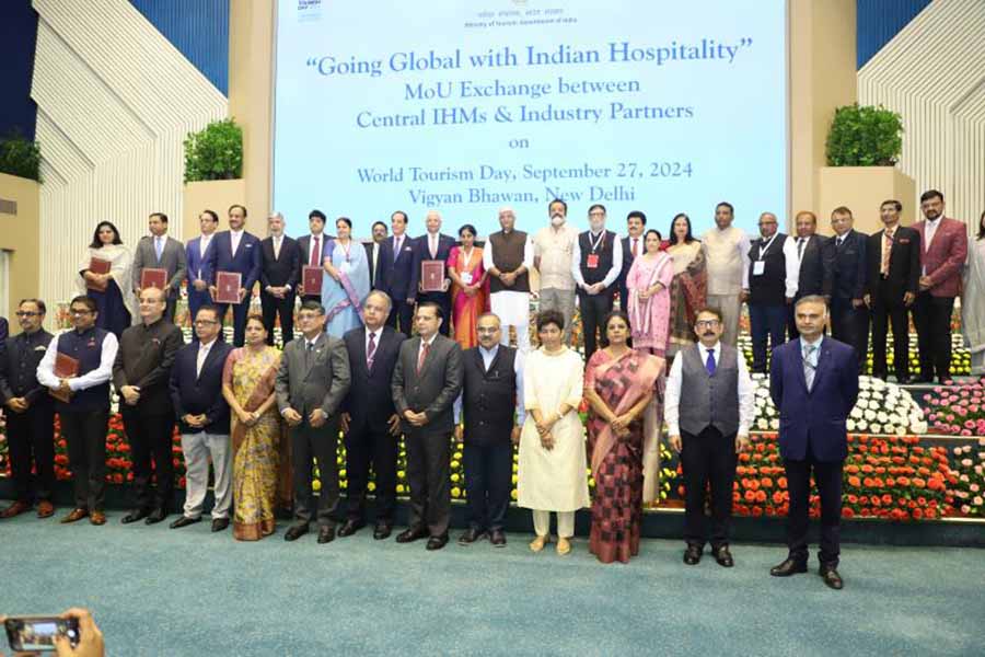 On September 27, IHM Kolkata Raja Sadhukhan was at Vigyan Bhavan, New Delhi, to sign MoUs on behalf of the institute with industry partners, including ITC, Marriott International, IHG, Apeejay Surendra Park Hotels and Lemon Tree Hotels on resource sharing, knowledge exchange and training and placement. The chief guest for the event was vice-president Jagdeep Dhankar. Union tourism minister Gajendra Singh Shekhawat, state minister for tourism Suresh Gopi, civil aviation minister Kinjarapu Rammohan Naidu, tourism secretary V Vidyavathi and National Council for Hotel Management & Catering Technology CEO Gyan Bhushan also attended the event