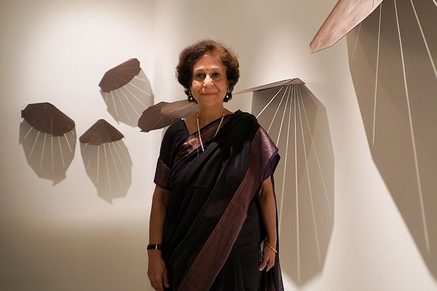 This piece by Delhi-based artist Shambhavi Singh, reminiscent of her grandparent’s village, was curator (in pic) Gayatri Sinha’s favourite piece. “The depiction of elements of nature remind me of my visits to our ancestral village in UP,” said Sinha Soumyajit Dey