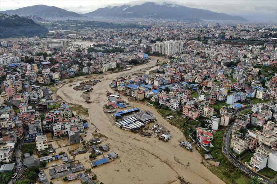 In this aerial image of the Kathmandu valley, Bagmati River is seen in flood due to heavy rains in Kathmandu.