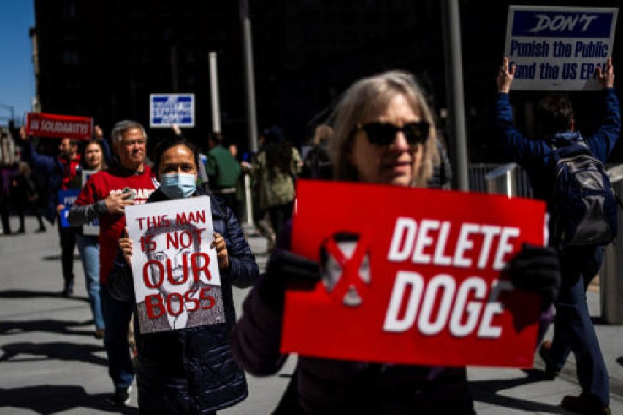 A rally in support of federal workers outside an office building in New York City