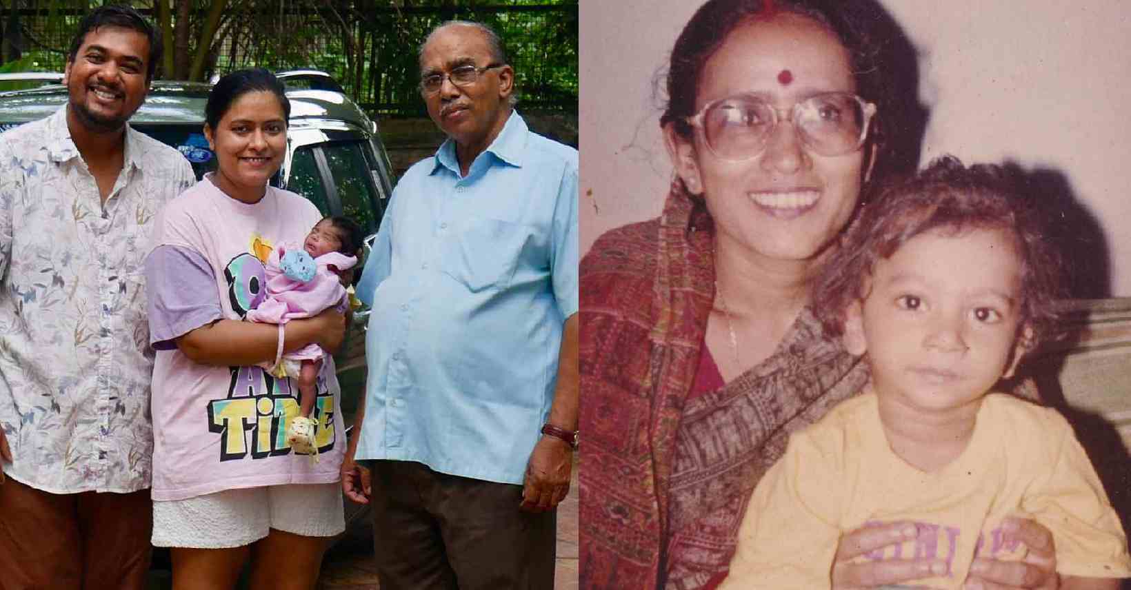 (Left to right): Mandal with his wife Ria Roy and father Kashinath Mandal; Mandal with his later mother, Sephali Mandal. 
