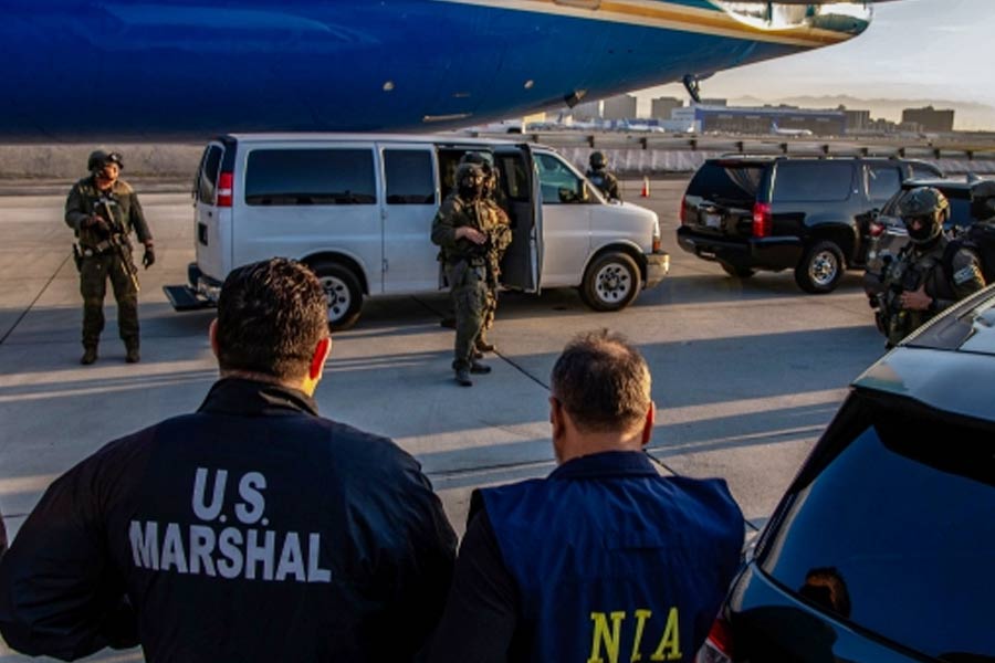 The visuals show Tahawwur Rana, in chains, being escorted by US Marshals in what seems like an Army airbase.
