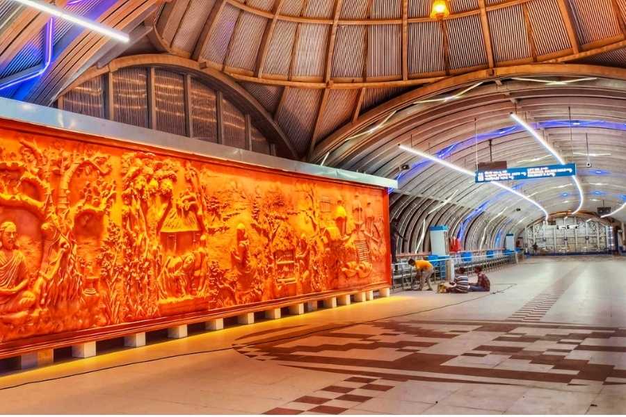 Parts of the skywalk feature murals and paintings