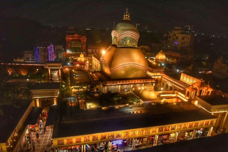 An aerial view of Kalighat temple at night