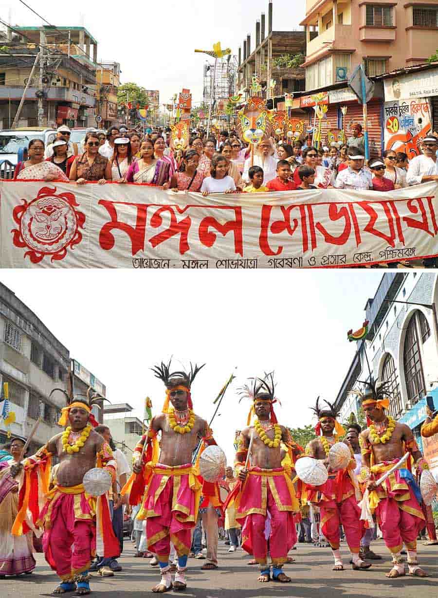 ‘Prabhat Pheri’ — an intrinsic part of traditional Poila Baisakh celebrations, was observed with gusto by a group taking out a rally from Ganguly Bagan to Sukanta Setu  