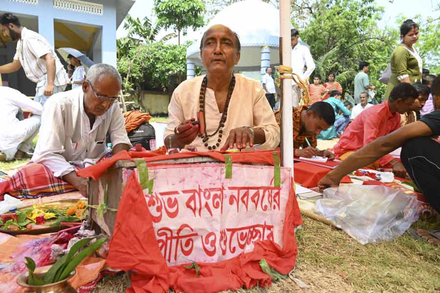 People perform rituals on Bengali New Year's day, in Agartala.
