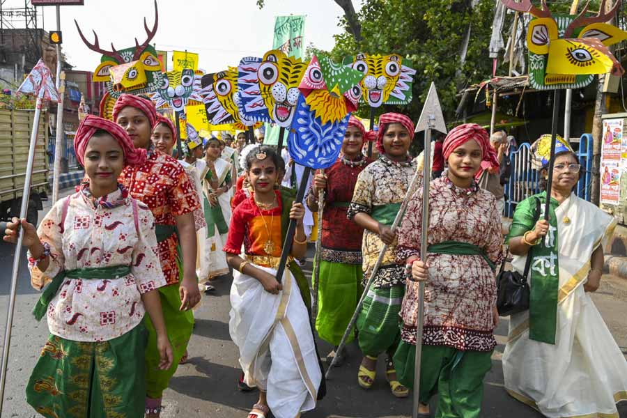Women and girls participate in 'Mangal Shobhajatra' to mark the first day of Bengali New Year in Kolkata.