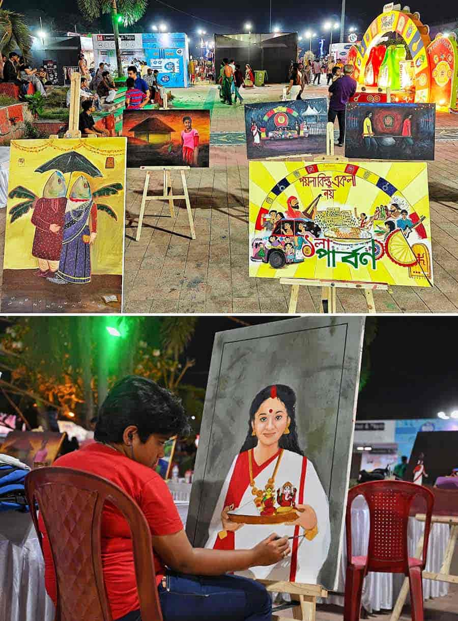 Artists turned blank canvases into beautiful impressions of Bangaliana. The paintings were being sold with all proceeds set to go to an NGO. An interesting piece was that of two fish dressed in traditional Bengali wedding wear