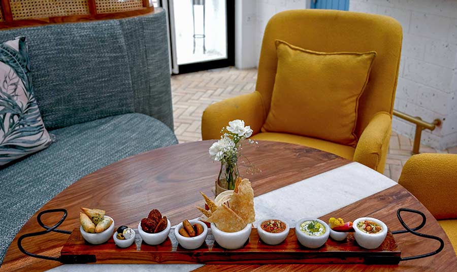 The menu features Mediterranean cuisine as well as modern progressive cuisine, which is inspired by the flavours of Kolkata. In picture, an elaborate mezze platter 
