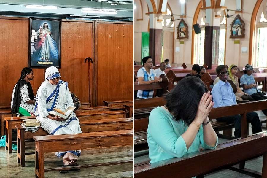 Moments of silent prayers at (left) The Mother House Of The Missionaries Of Charity and (right) St Teresa’s Church respectively  