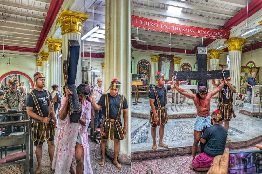 A glimpse from the reenactment of the crucifixion of Jesus at the Sacred Heart Church in Dharmatala  