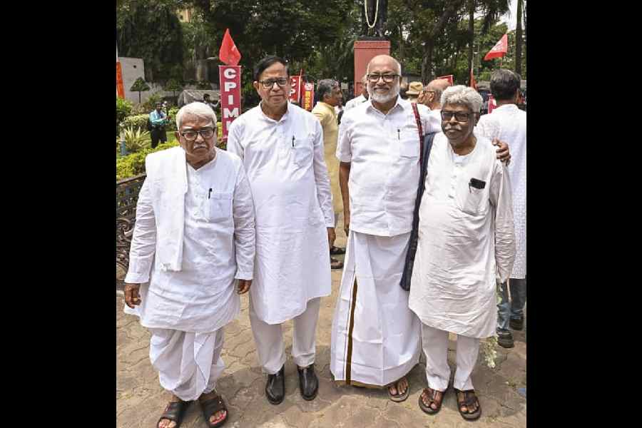 CPI(M) General Secretary MA Baby, Left Front Chairman Biman Bose and State Secretary Md. Salim after paying tribute to Russian revolutionary Vladimir Lenin on his birth anniversary, in Kolkata.
